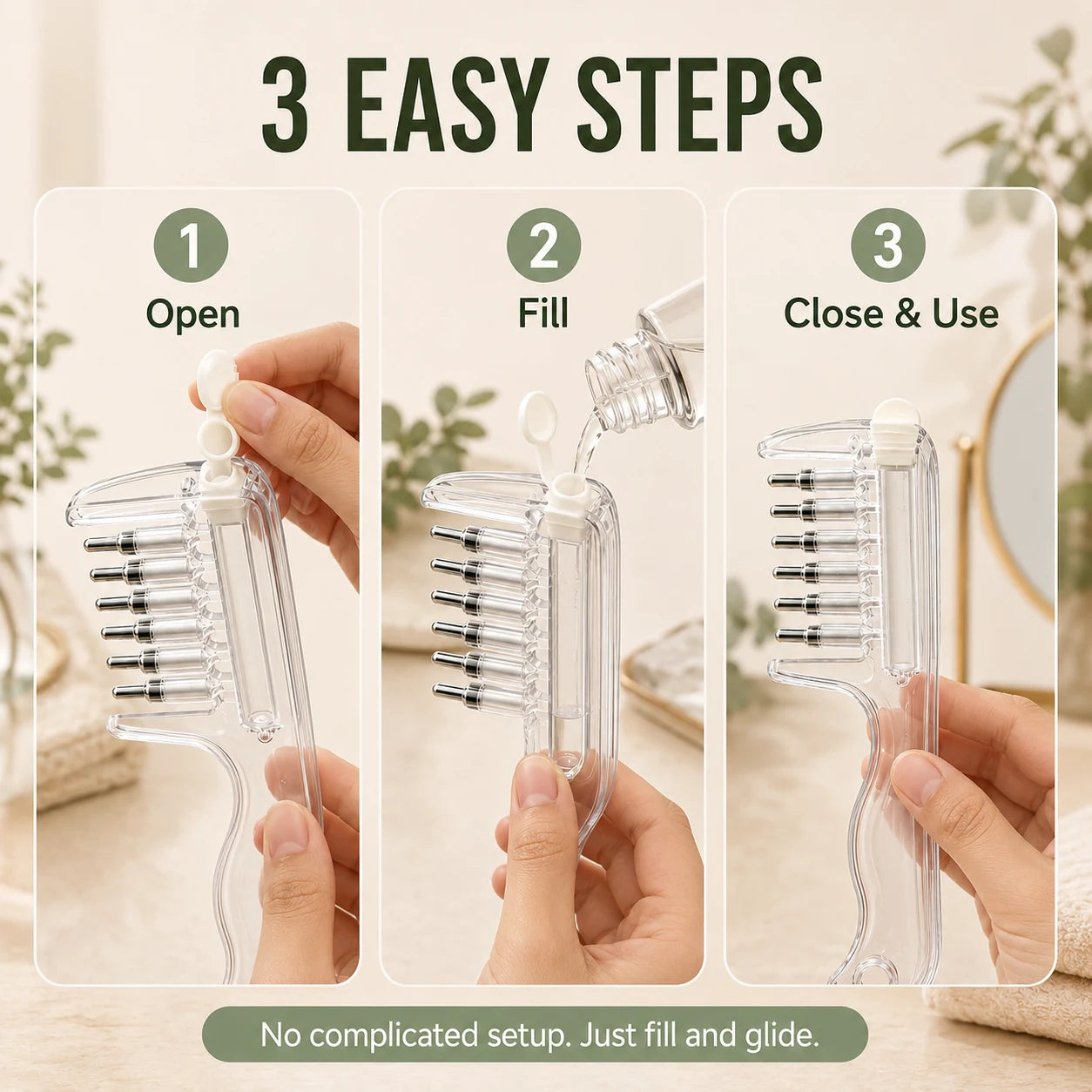 Three easy steps to open, fill and use the scalp applicator comb
