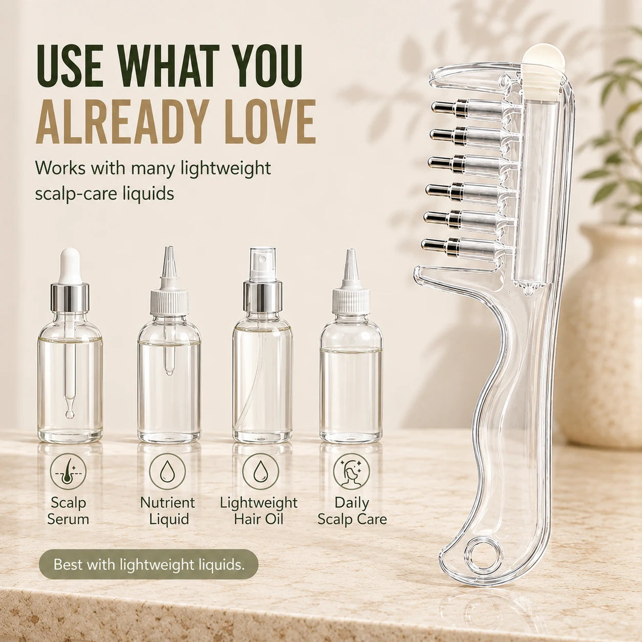 Scalp applicator comb compatible with lightweight scalp-care liquids