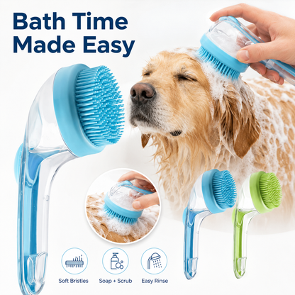 2-in-1 Pet Bath Brush with Shampoo Dispenser – Gentle Grooming & Deshedding Scrubber for Dogs & Cats
