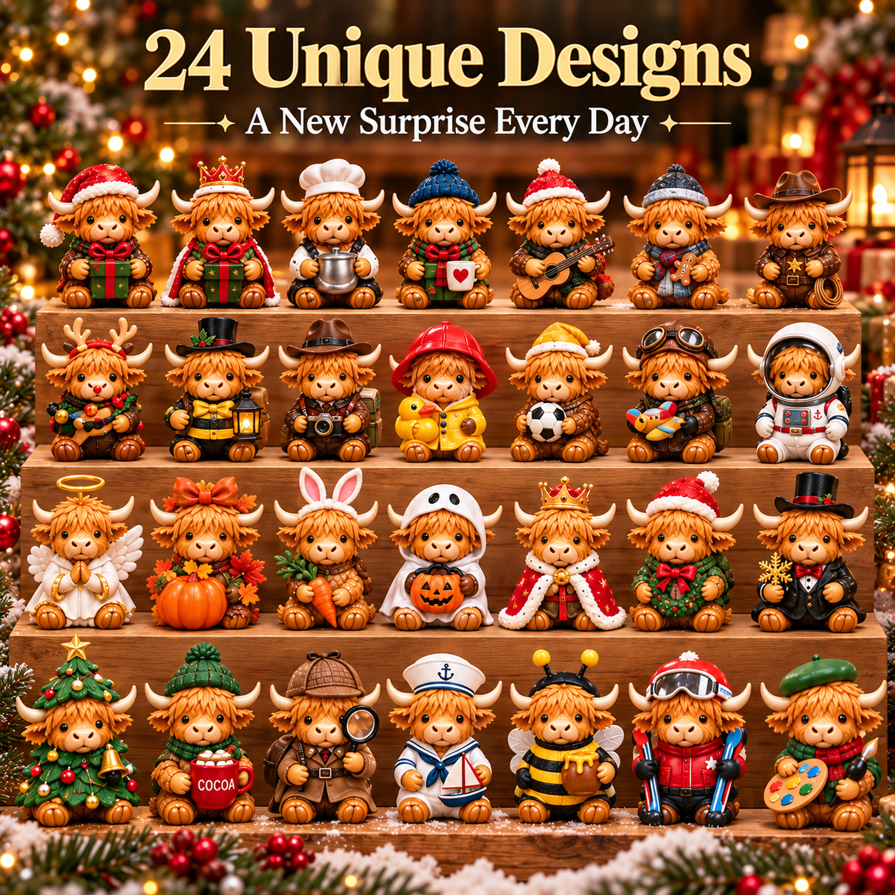 Highland cow collectible character designs with festive costumes hats and miniature accessories