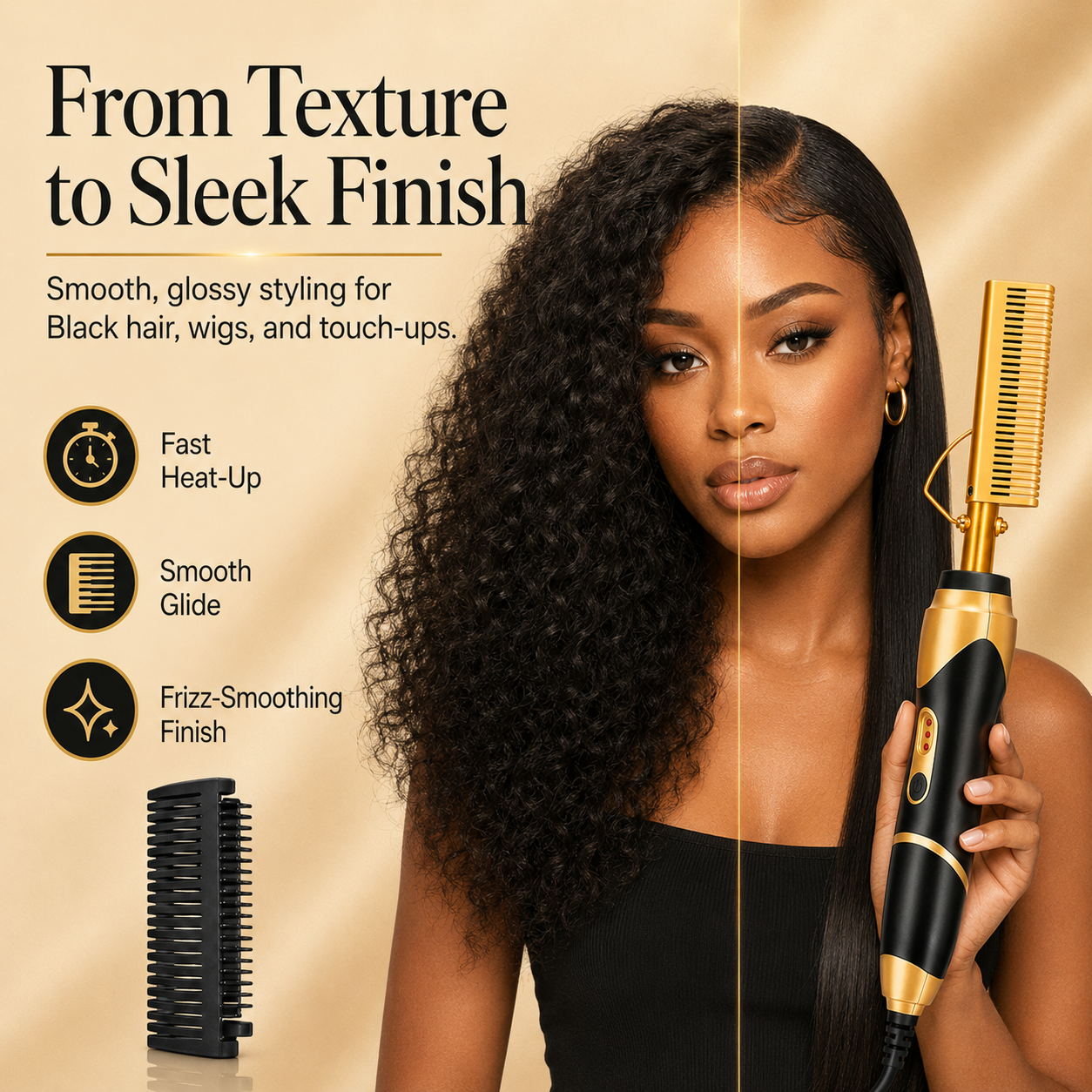 Before and after style concept showing textured hair transitioning to a sleek finish using the hot comb