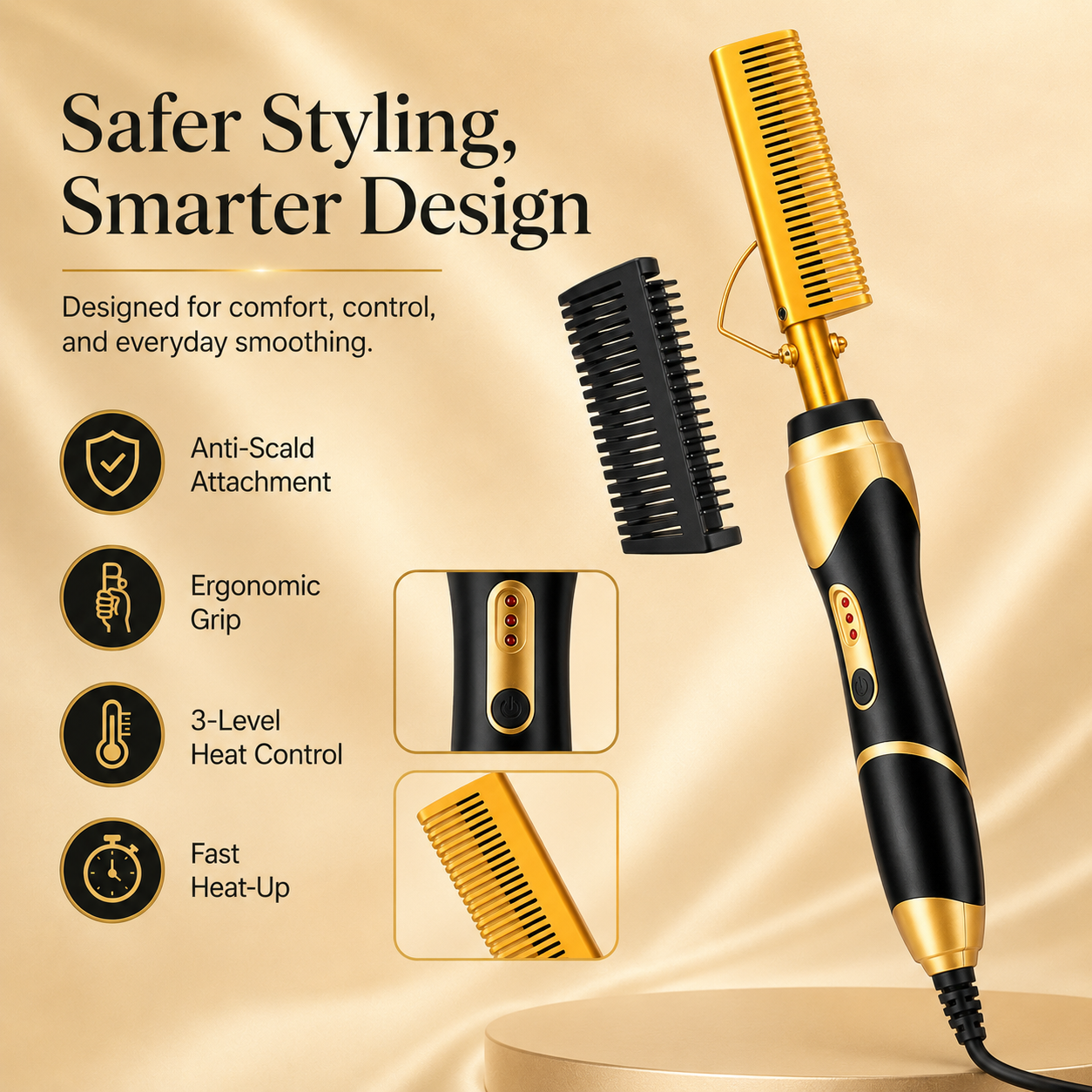 Hot comb design details including removable anti-scald guard, three heat settings, fast heat-up, and 360-degree swivel cord