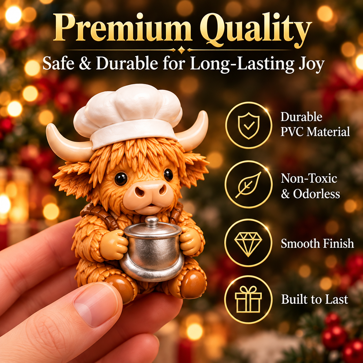 Handheld miniature Highland cow wearing a chef hat and holding a small cooking pot