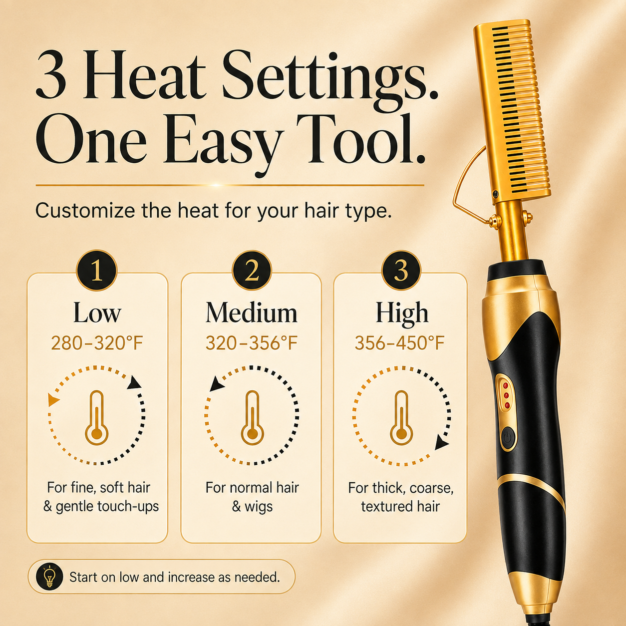 Hot comb showing low, medium, and high heat settings for different hair types