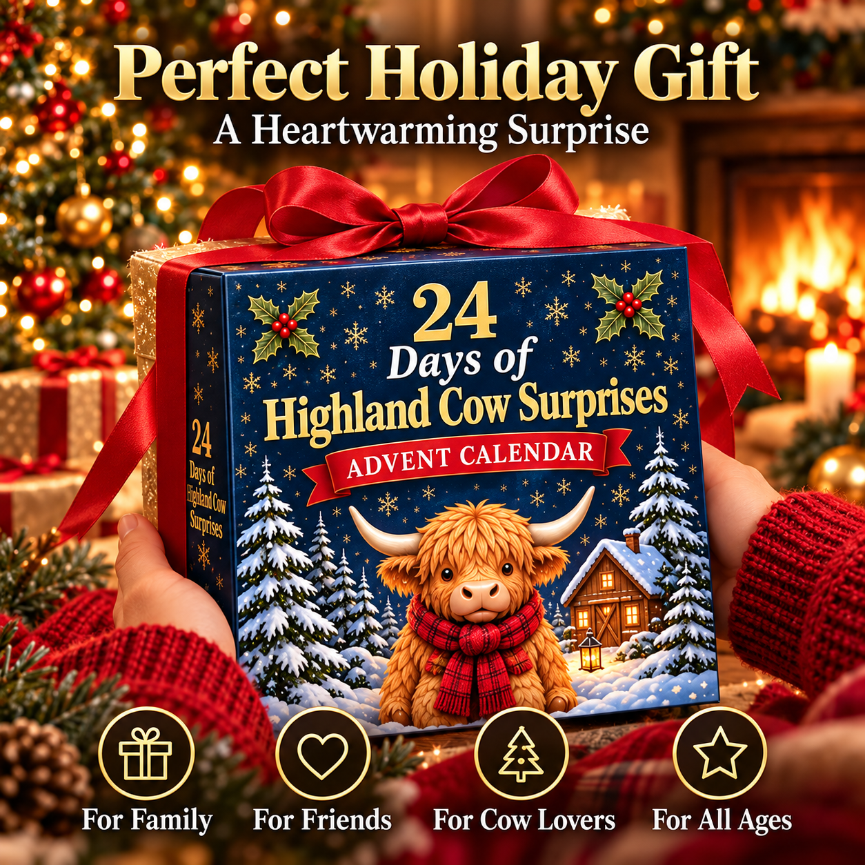Highland Cow Advent Calendar Christmas gift box presented in a warm festive setting