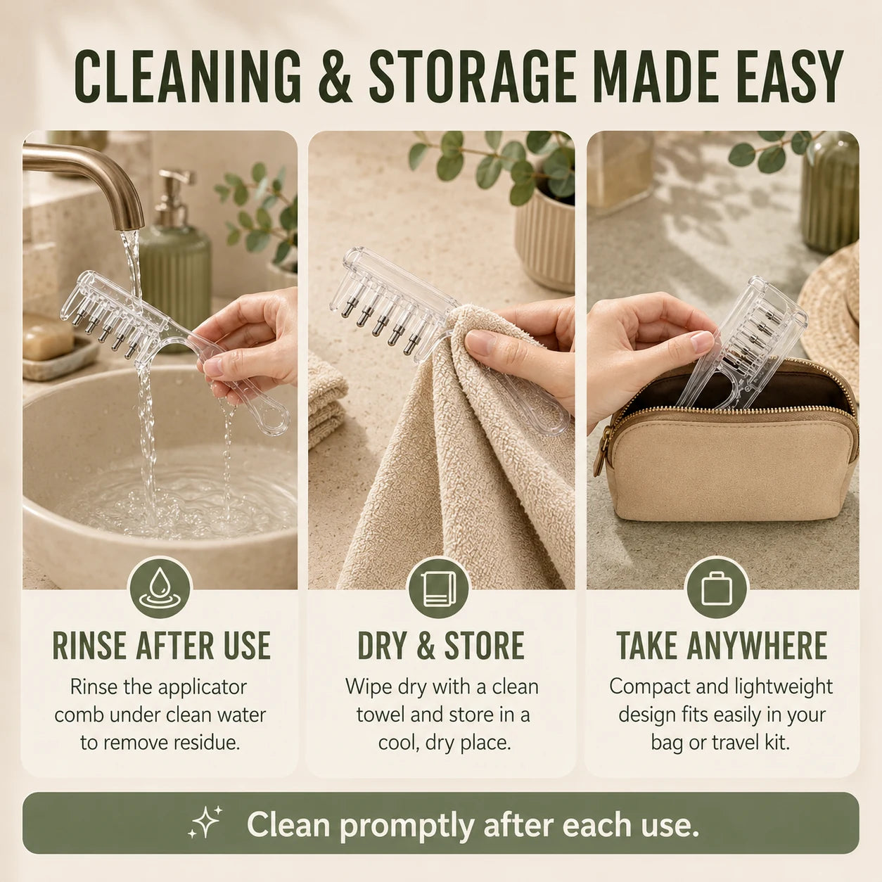 Cleaning, drying, storage and travel guidance for the scalp applicator comb