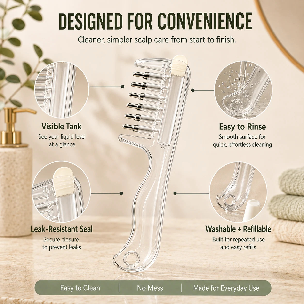Visible tank, leak-resistant seal, easy-to-rinse and refillable product details