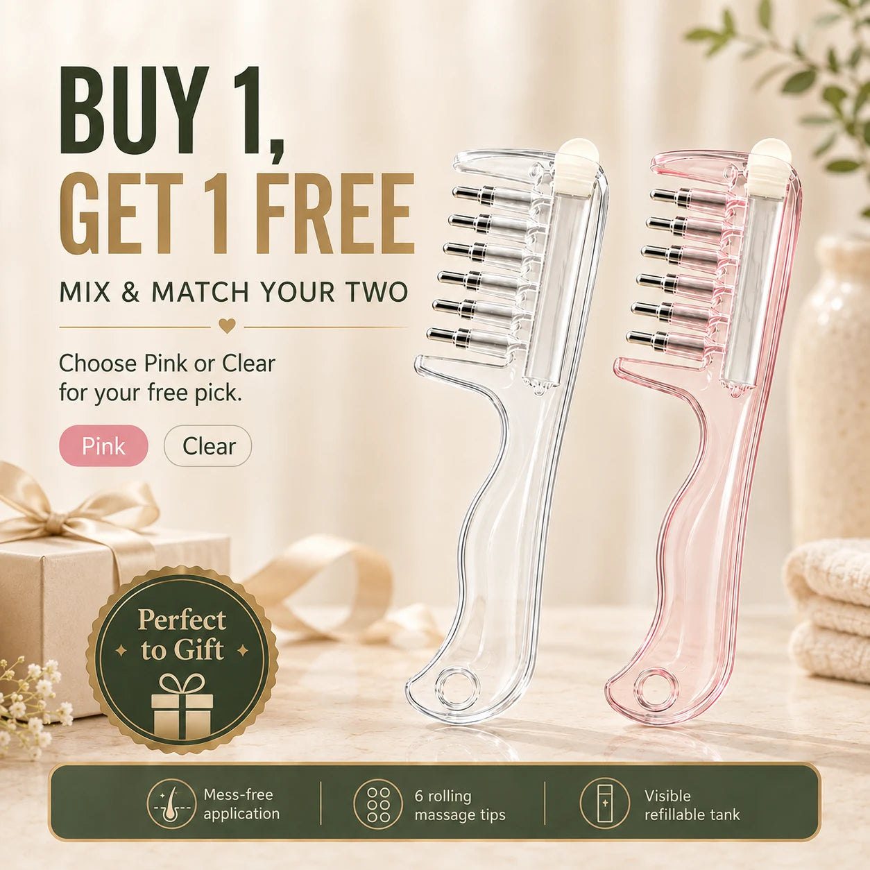 Buy one get one free scalp applicator comb offer in two color options