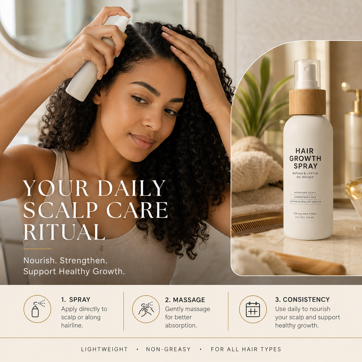 Daily scalp care routine with hair spray