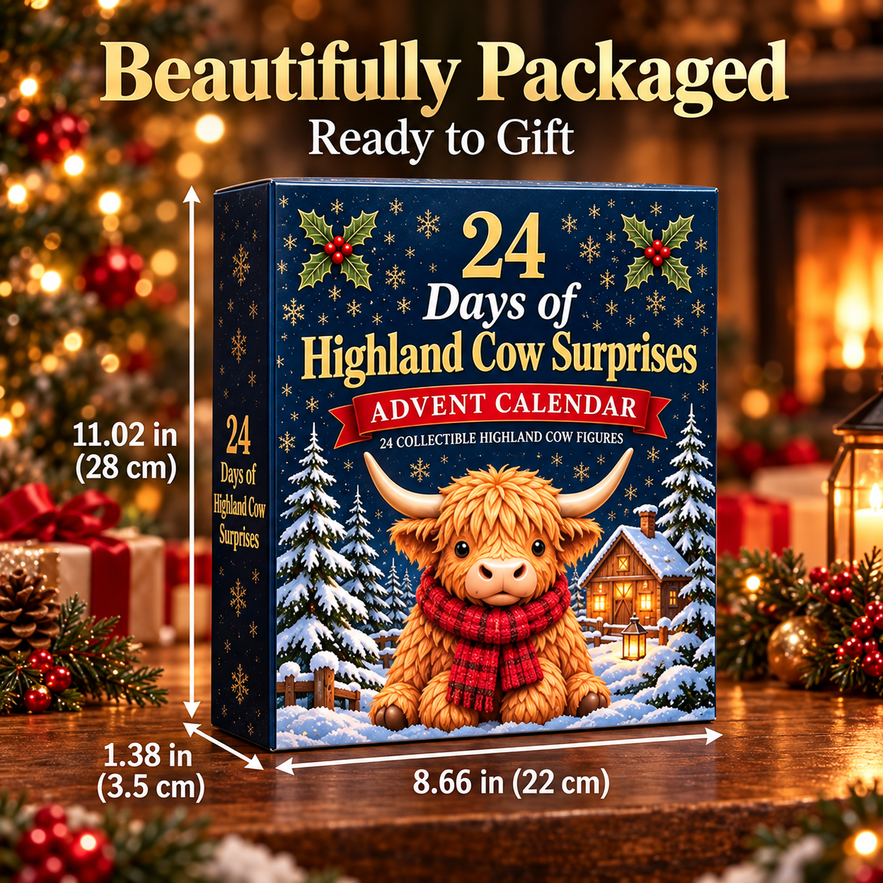 Navy blue Highland Cow Advent Calendar box with illustrated height width and depth dimensions