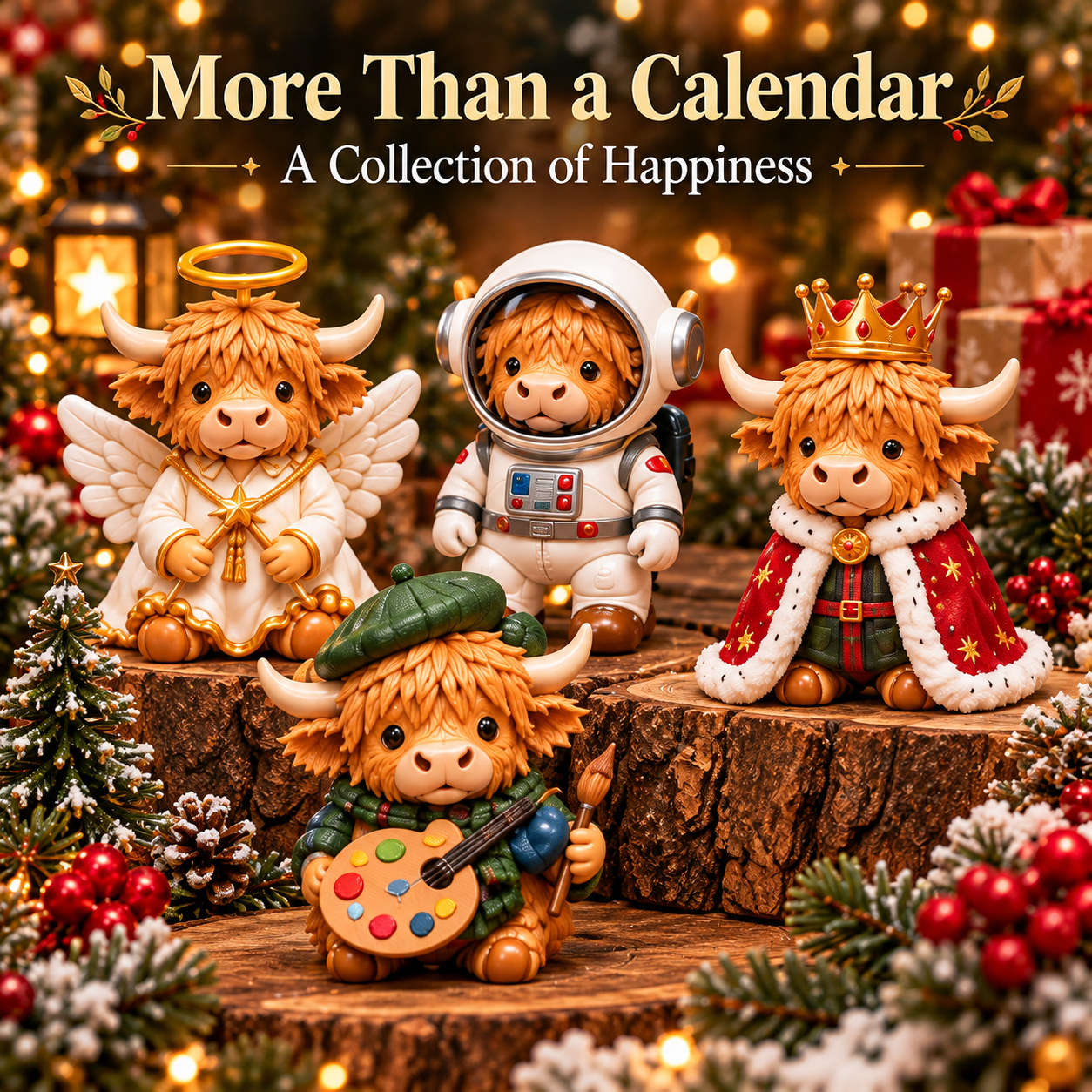 Collectible Highland cow miniatures featuring angel astronaut royal and artist character themes