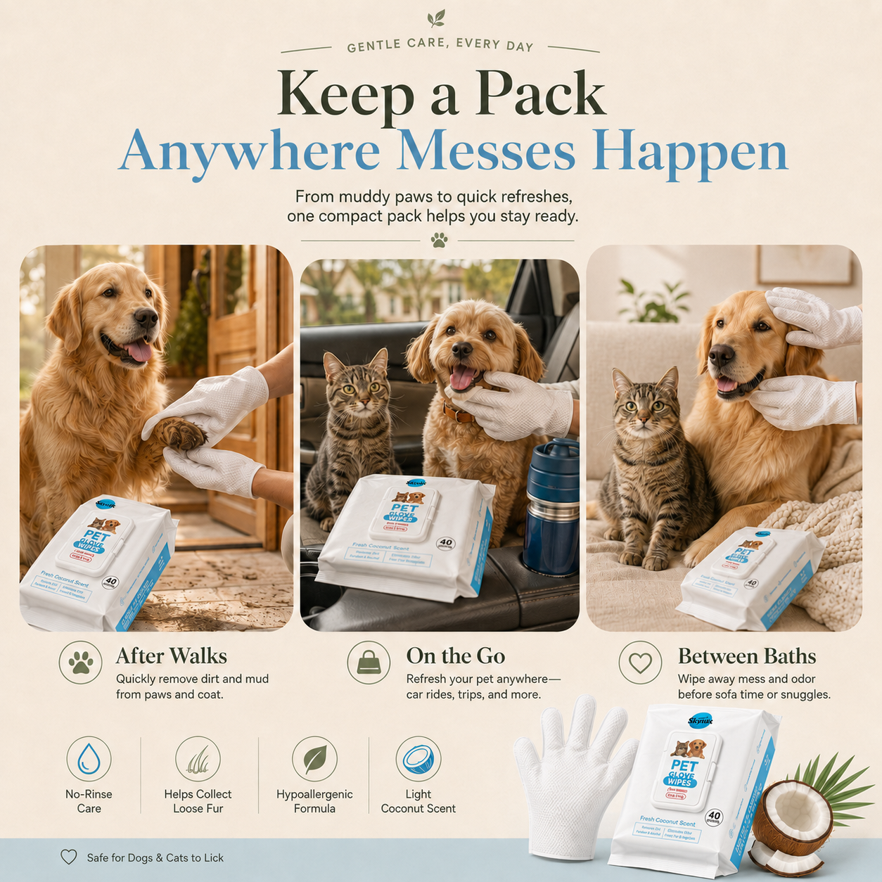 40-Piece Coconut Pet Grooming Glove Wipes 🔥