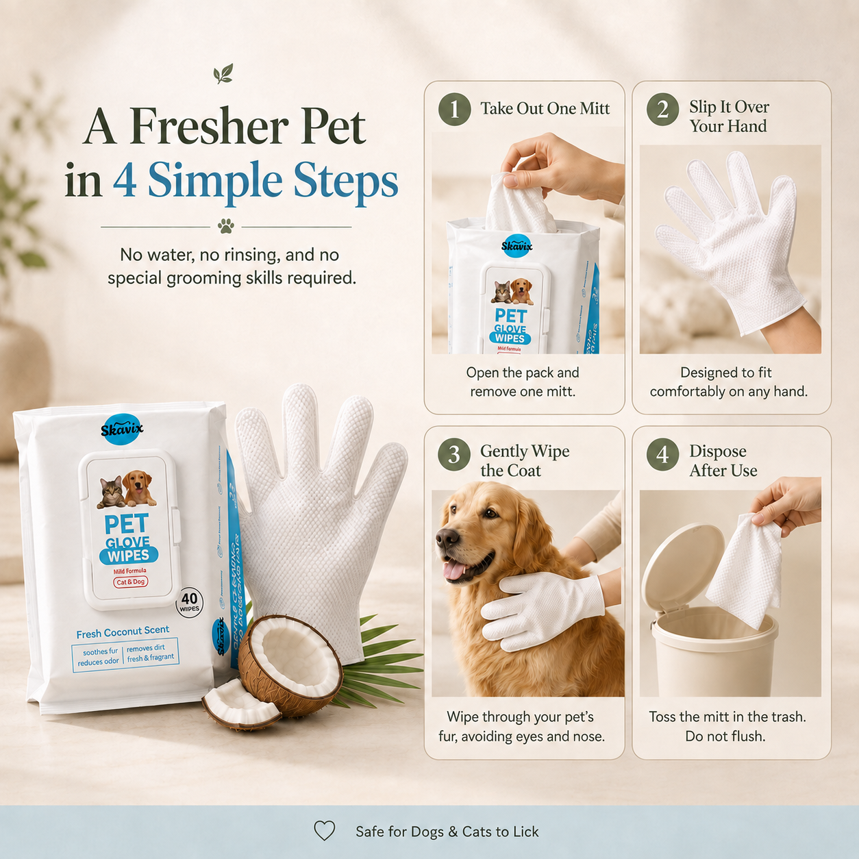 40-Piece Coconut Pet Grooming Glove Wipes 🔥