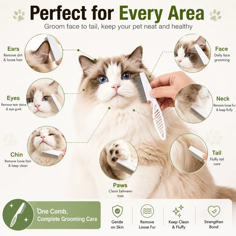 pet comb grooming face ears chin paws neck and tail