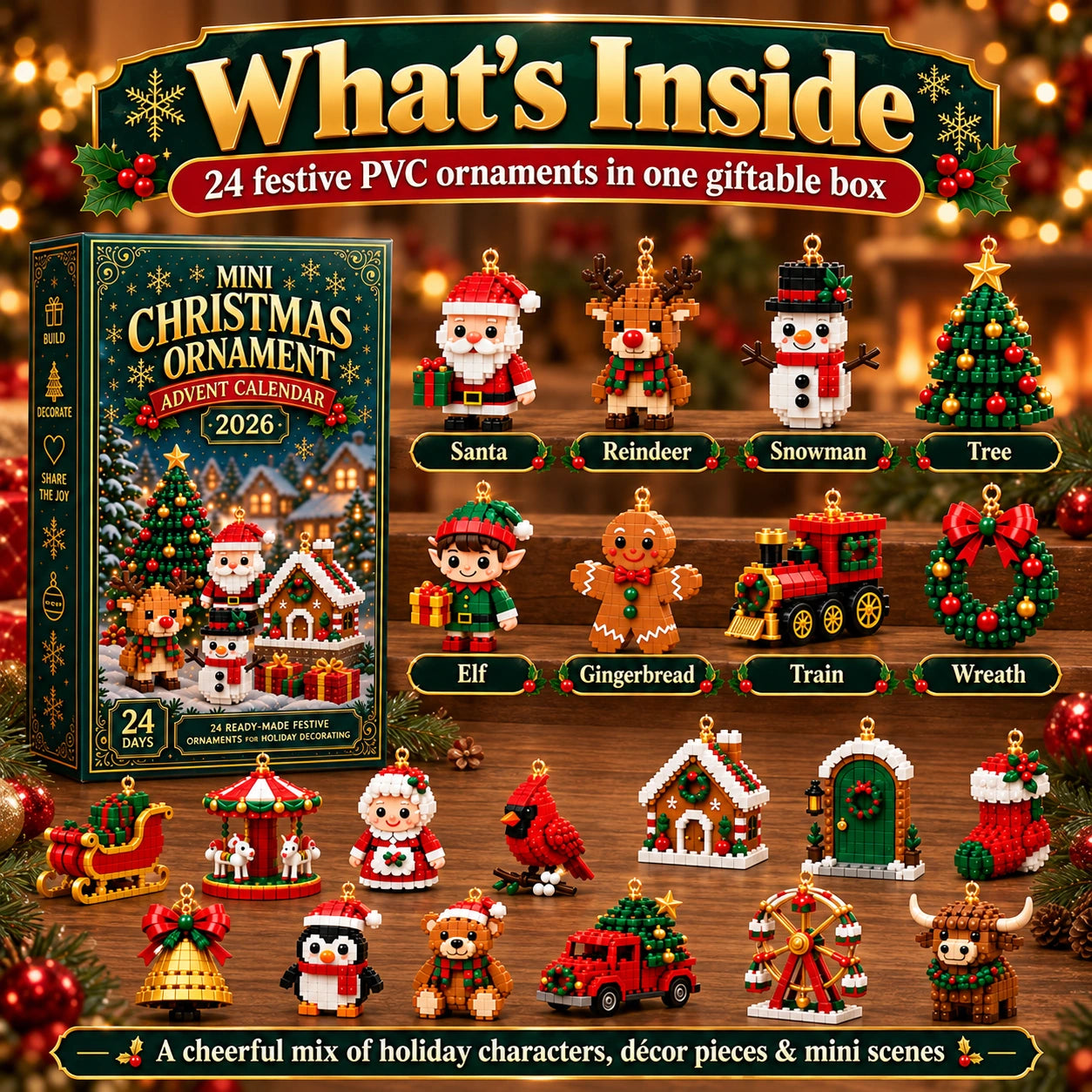 Overview of holiday PVC ornament collection including Santa, reindeer, snowmen and Christmas decorations