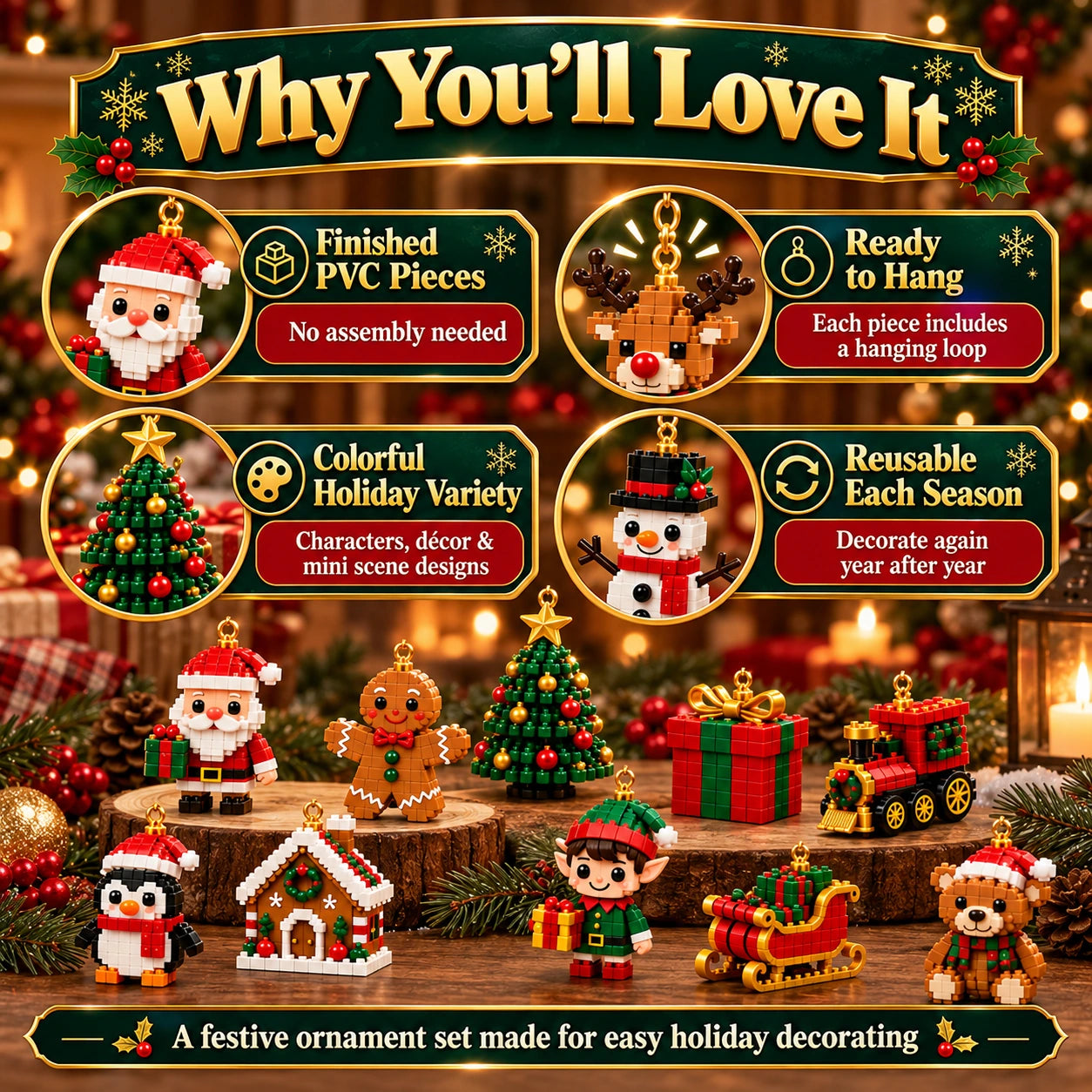 Details highlighting pre-made PVC Christmas ornament figurines and decorative hanging loops