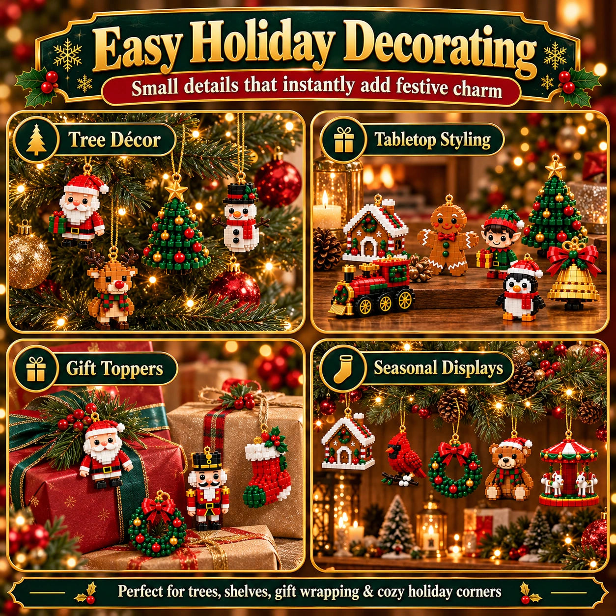 Ornaments styled on a Christmas tree, gift boxes, tabletop and seasonal hanging displays