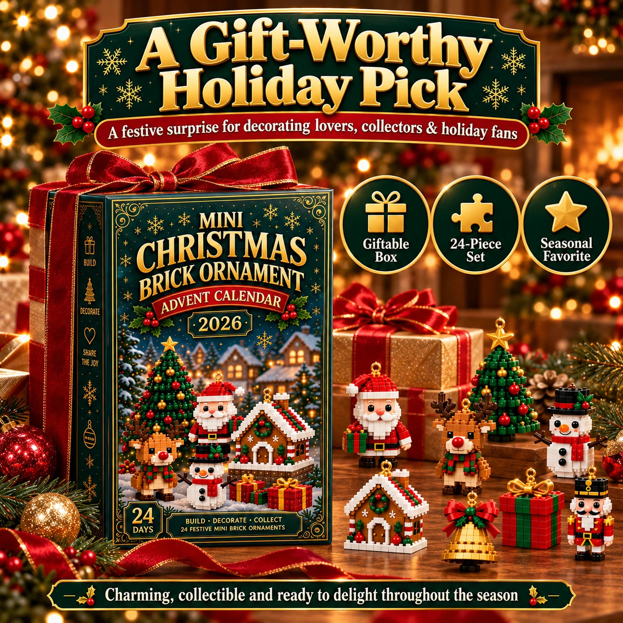 Christmas PVC ornament collection presented beside ribbon-wrapped holiday gifts