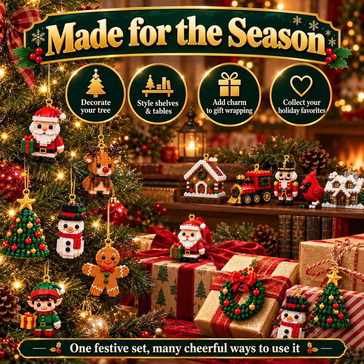 Mini Christmas PVC ornaments decorating a tree and styled around beautifully wrapped gifts